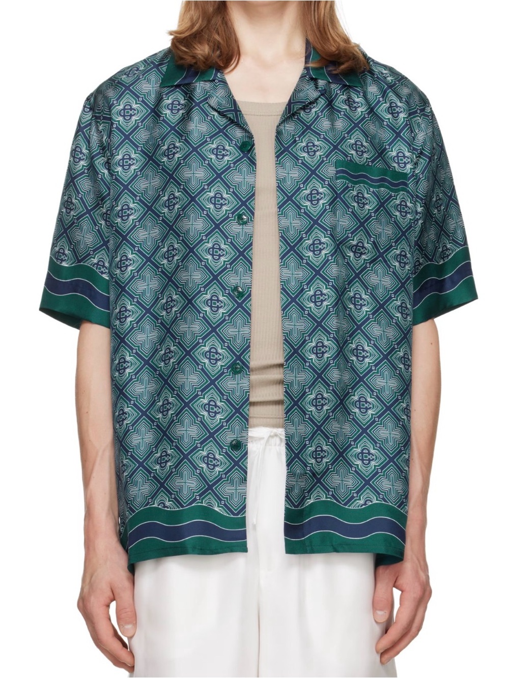 Casablanca Green Radiating Monogram Short Sleeve Silk Shirt